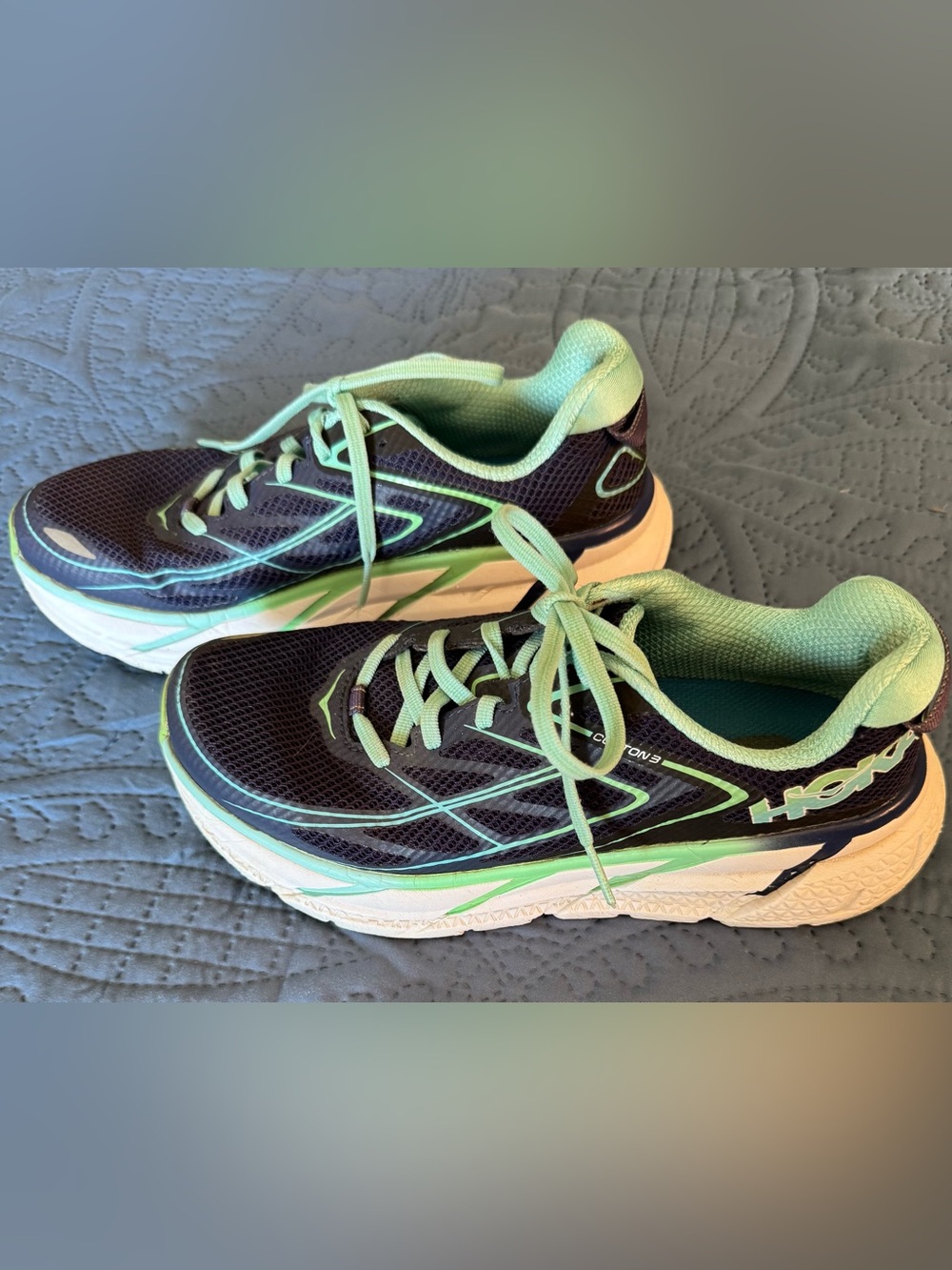 Hoka One One Clifton 3 Women’s Running Shoes in Navy and Light Blue